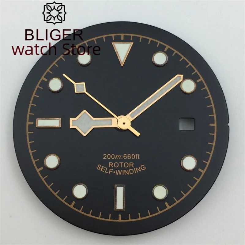 BLIGER/ Custom Logo NH35 Dial 33.5mm luminous black dial with Hands fit NH35 NH36 PT5000 ETA2836 2824 Miyouta DG series movement