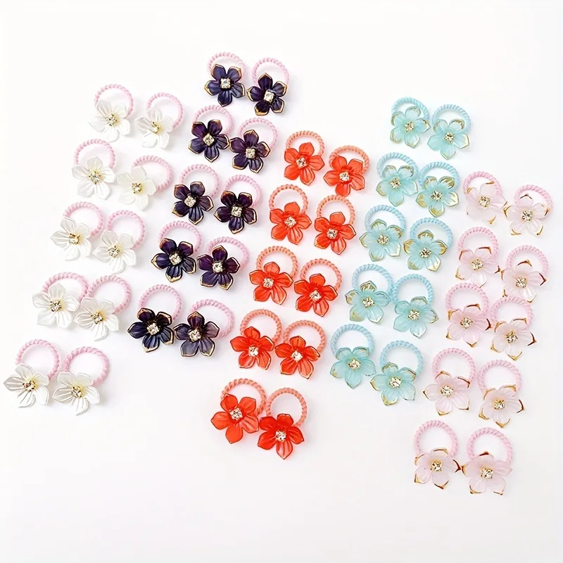 10 Stück elastische Haarbänder für Mädchen mit Strass- und Blumendekorationen, hochelastische, langlebige Haarbänder für den Außenbereich und zum Flechten – Detail 3