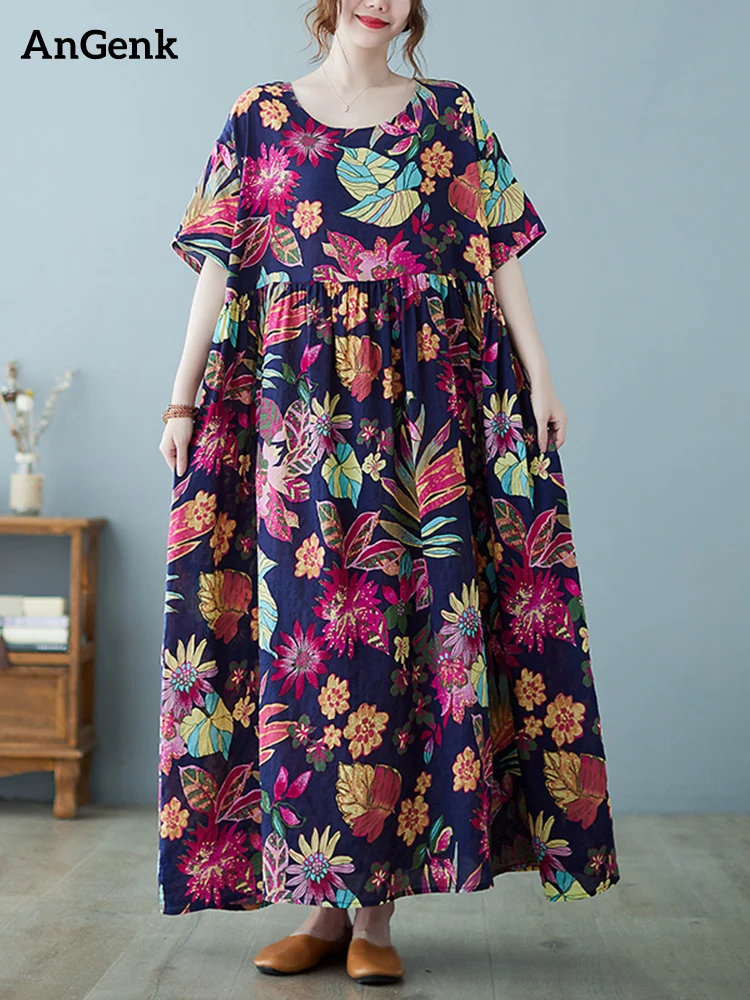 2024 New Summer Cotton Vintage Floral Printing Dresses For Women Short Sleeve Loose Casual Oversized Long Dress Elegant Clothing