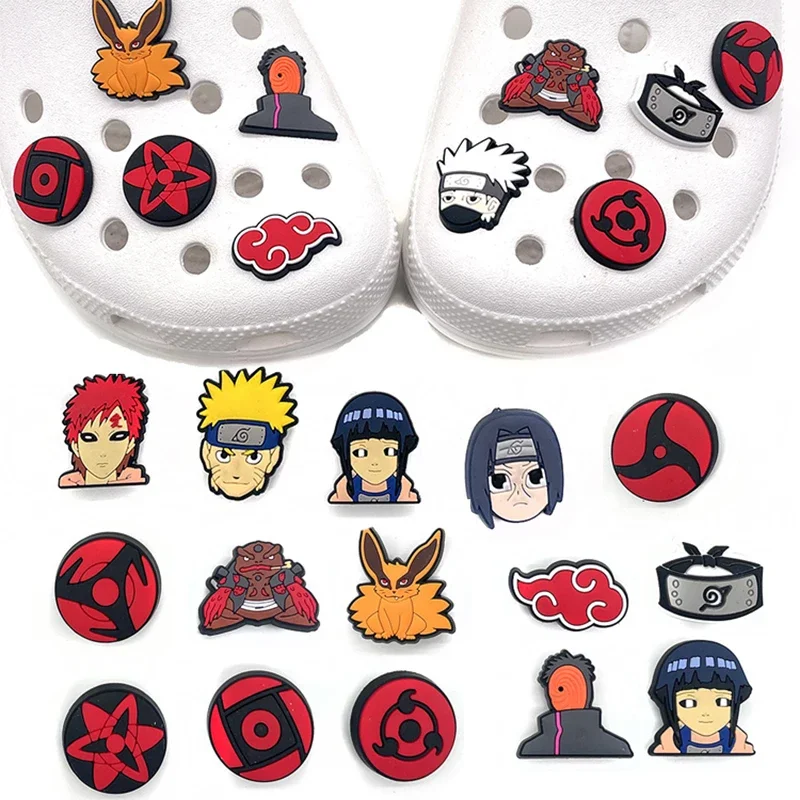 

New 13Pcs Anime Naruto Shoes Charms Pvc Cartoon Sharingan Red Cloud DIY Funny Shoe Aceessories Sandals Decoration Kid Adult Gift