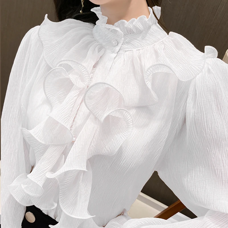 Vintage Ruffles Clothes Elegant Lace Blouse Women Spring Stand Collar White Chiffon Shirt 2023 Long Puff Sleeve Loose Tops 12946