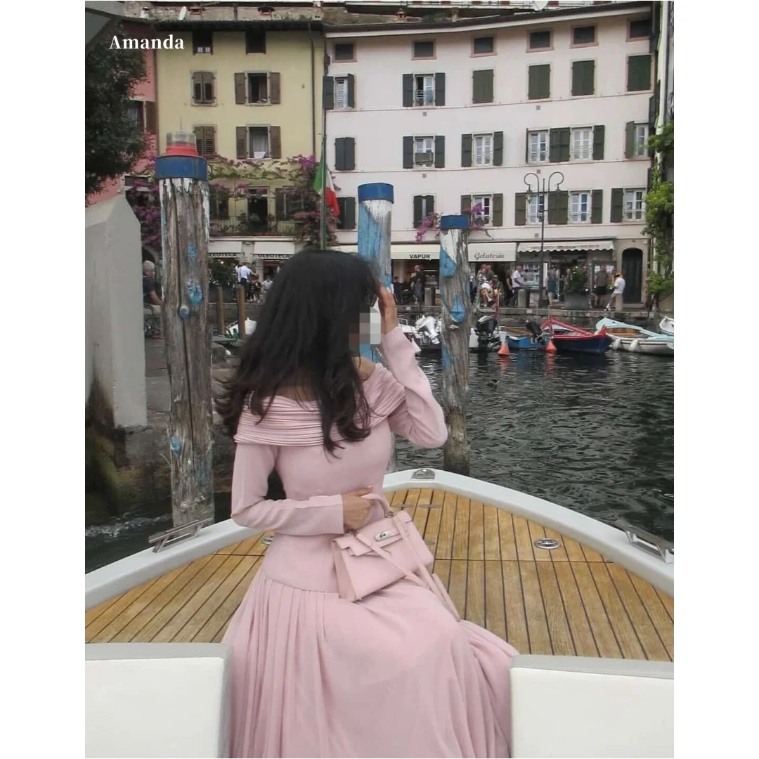 

Amanda Customized Pink Off Shoulder Long Sleeve Prom Dress Pleated Maxi Skirt vestidos de noche Elegant Cinched Formal Evening