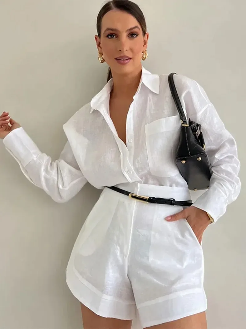 Fashion Women\'s Sets Button Pockets Lapel Shirt Short Pant Elegant Long Sleeves 2 Pieces 2024 Vacation Solid Shorts Blouse Sets