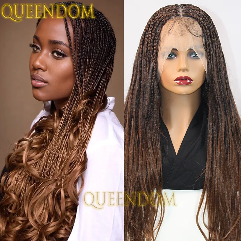 28 Inch Synthetic Box Braids Wig Ombre Brown Bohemian Braided Wigs For Black Women Full Lace Cornrow Braid Wig With Curly Ends