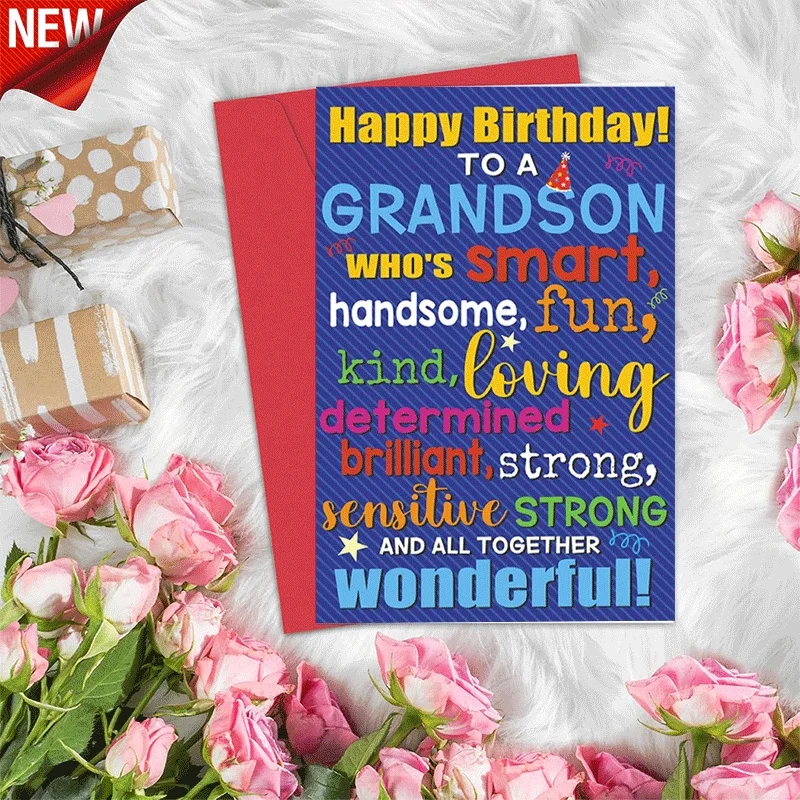 

Happy Birthday Card for Grandson, Smart Handsome Kind Loving Wonderful Birthday Greeting Card for Grandson