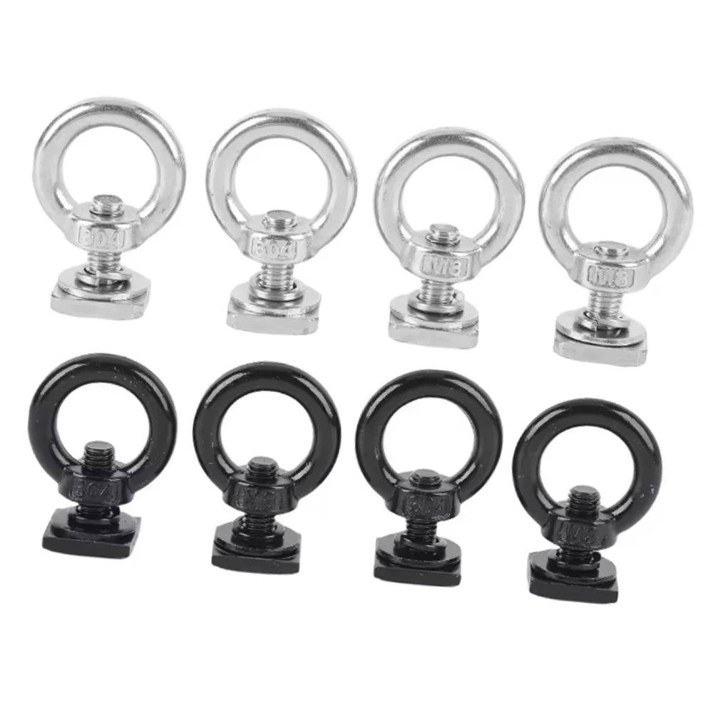 4PCS T Track Tie Down Anchors, Stainless Steel Eye Bolt Nut for Roof Rack Rail, Cargo Bolt-on Point for Bungee Cord Rope, Silver