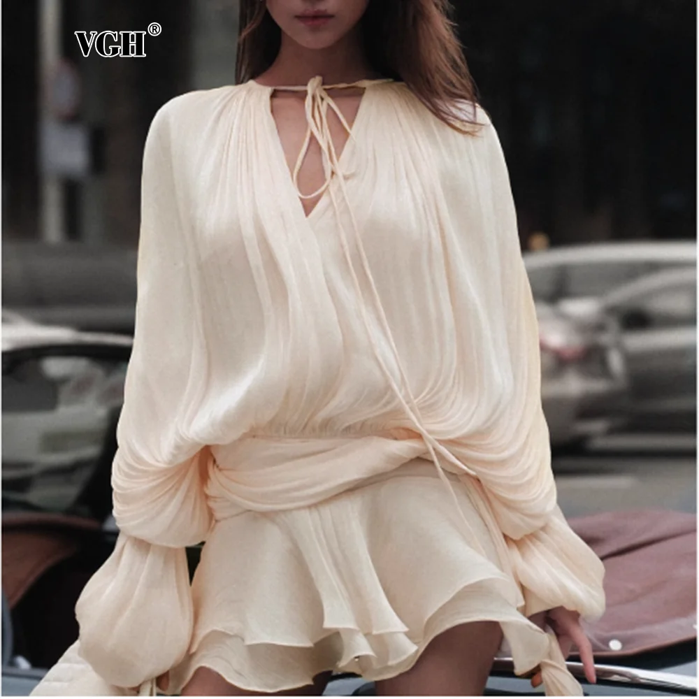 

VGH Streetwear Temperament Dresses For Women Round Neck Long Sleeve High Wiast Soild Slimming Mini Dress Female Fashion Clothing