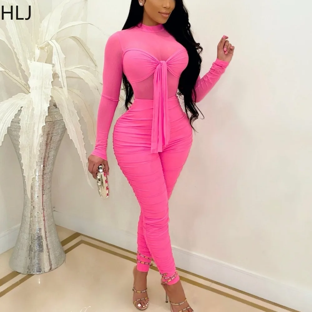 

HLJ Sexy Mesh Splicing Perspective Bodycon Party Club Jumpsuits Women Round Neck Long Sleeve Bandage Playsuits Fashion Overalls