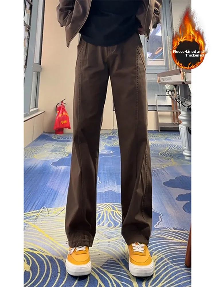 

Retro American Sle Fce Lined Bell Bot Jeans Men's Thiened Winter Straight Leg Trousers Heightening Leg Lengthening ...