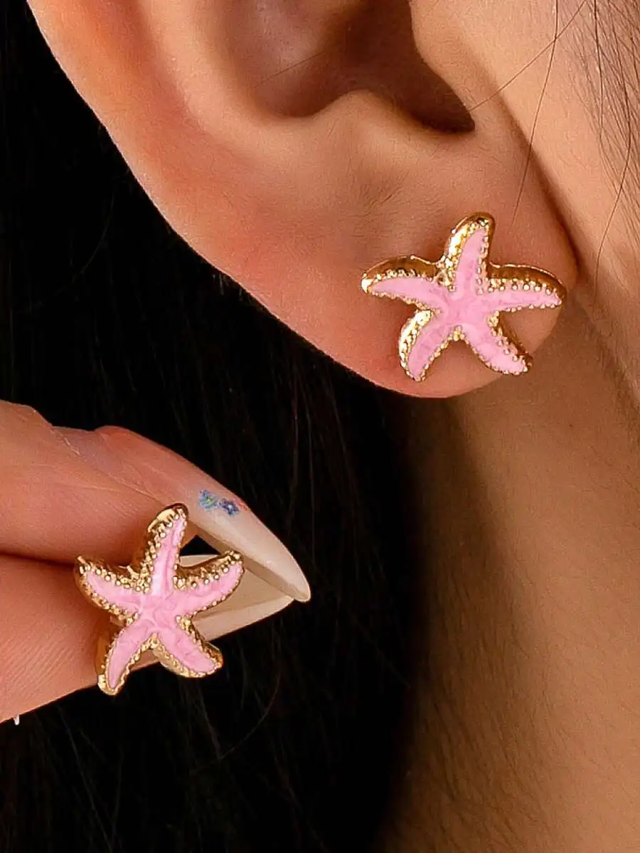 

Pink Enamel Starfish Stud Earrings With Gold-Tone Alloy Frame For Women