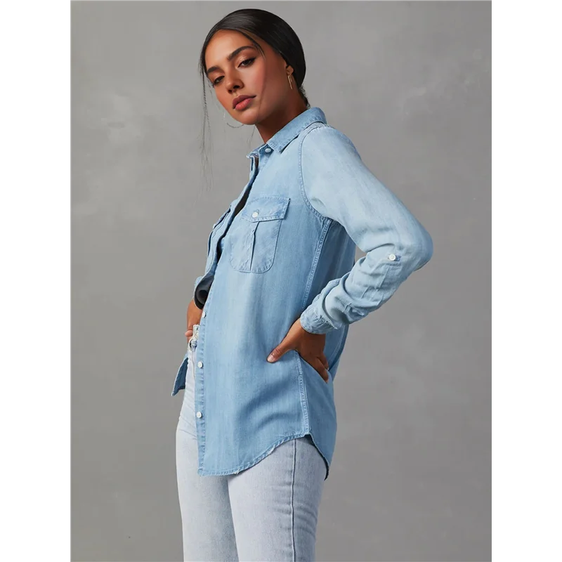 

ABRT-Women Double Pockets Spliced Decoration Denim Shirt Jacket Single-Breasted Lapel Casual Female Tops