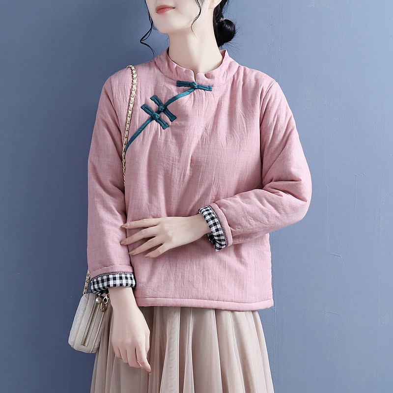 

Warm Cotton Jaet Women's Retro Stand Collar Side Button Pure Color Cotton Linen Coat Winter Sli Commute Long Sve