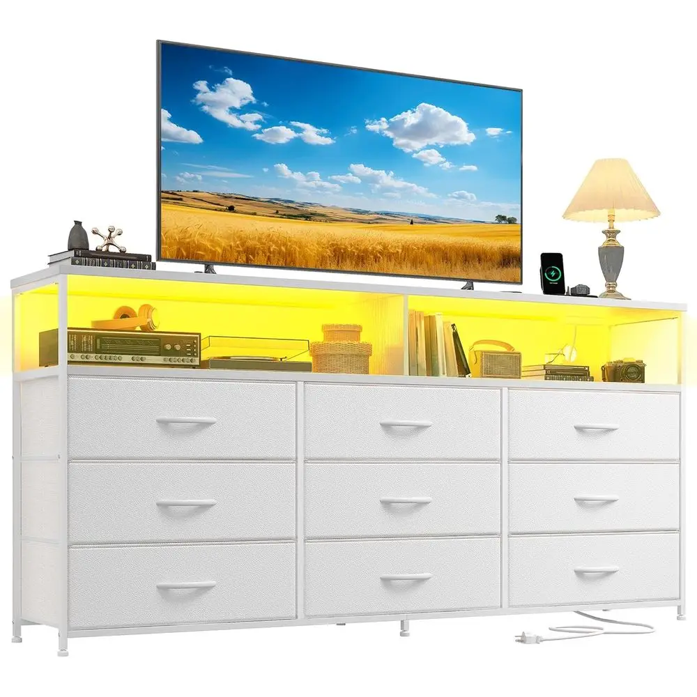 Cômoda ou Conjunto de Quarto Branco de 55'' com 9 Gavetas, Suporte para TV LED para TVs de 45-65 Polegadas, Cômoda Robusta com 2 Prateleiras Extras