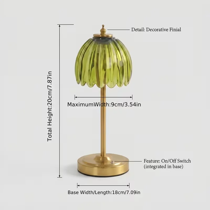 Vintage Glass Table Lamp LED Light Source 3 Tone Light Touch Control Function Rechargeable Module Green Pleated Lampshade Ambient Light Golden Tone Decorative Desk Lamp Elegant Bedside Table Decor Creative Gift for Living Room Bedroom Cafe