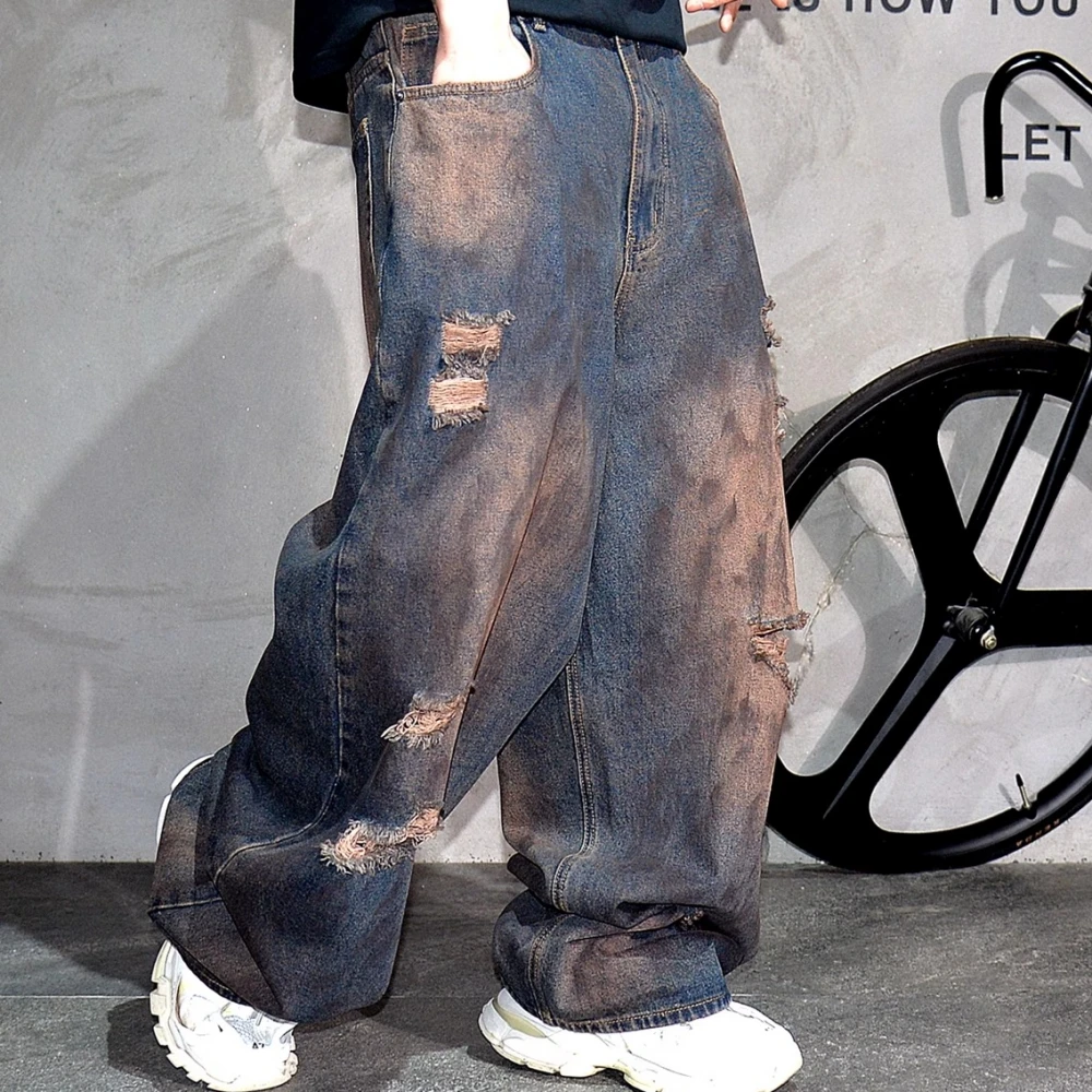 الهيب هوب الأمريكية فضفاض الجينز الرجال المتعثرة ممزق مكدسة الدينيم السراويل الكورية الشارع الشهير سكيت خمر جودة عالية عادية #4
