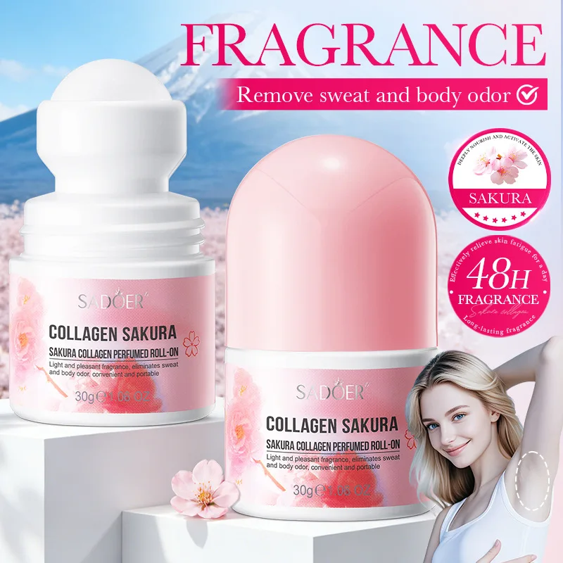 SADOER Sakura Collagen Roll-On Deodorant - Light Fragrance, Eliminates Sweat & Body Odor, Convenient Portable for Daily Use