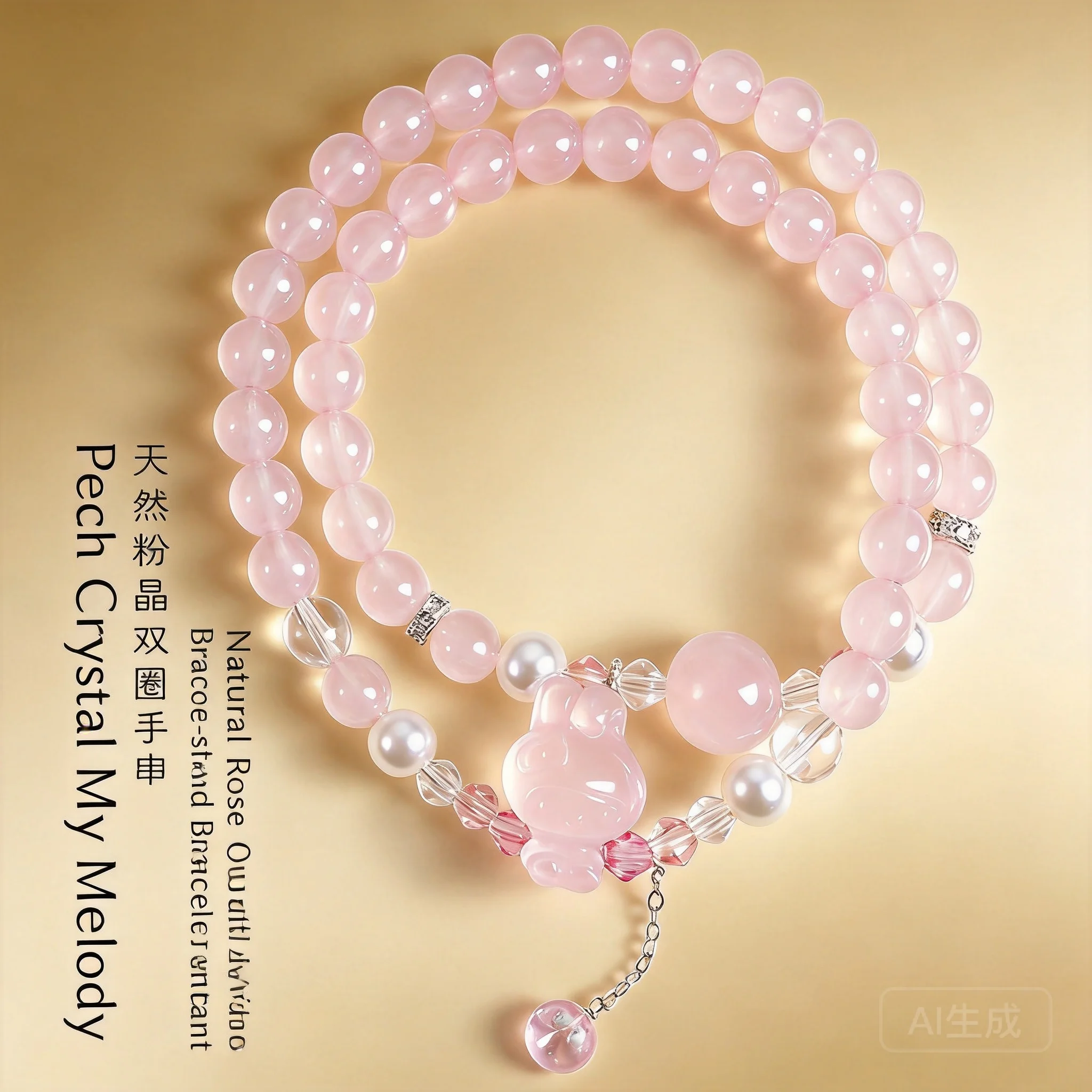 

Chinese Style Lucky Natural Rose Quartz Dual Layer Beaded Bracelet Cute Melody Pendant Pink Crystal For Women Blessing Fortune