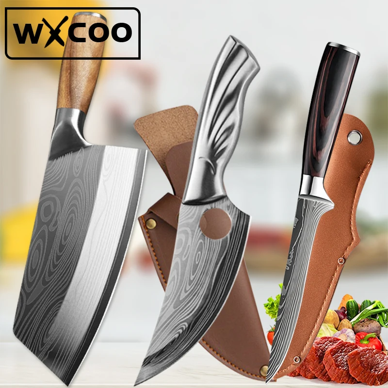 WXCOO Kitchen Chef Knife Set Meat Cleaver Vegetables Slicing Knife Stainless Steel Professional Butcher Boning Knives with Cover