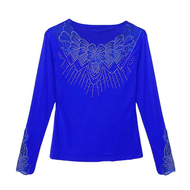 New,Fall,Winter,European,Clothes,Mesh,T-Shirt,Chic,Sexy,V-Neck,Patchwork,3D,Shiny,Diamonds,Women,Tops,Long Sleeve,Drill,Tees,580