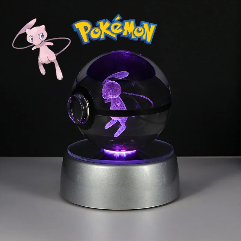 Pokemon 3D Crystal Poke Ball Figure Toys Anime Gengar Mimikyu Jigglypuff Eevee Figurines LED Lamp Base Pokeball Glass Ball Gifts