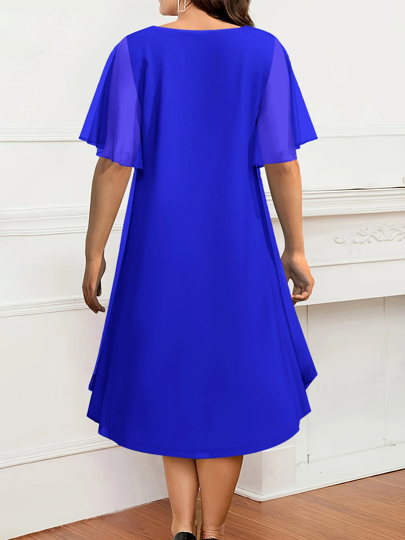 Plus Size Summer Women Dress Mesh Chiffon Tired Solid Elegant Casual A-Line Short Sleeve Midi Dress Fashion Office Lady Dresses