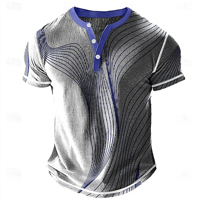 Retro Men's Short-Sleeve T-Shirt 3D Printed T-Shirt V-Neck Button-Front Design Breathable Short-Sleeve Outdoor Streetwear