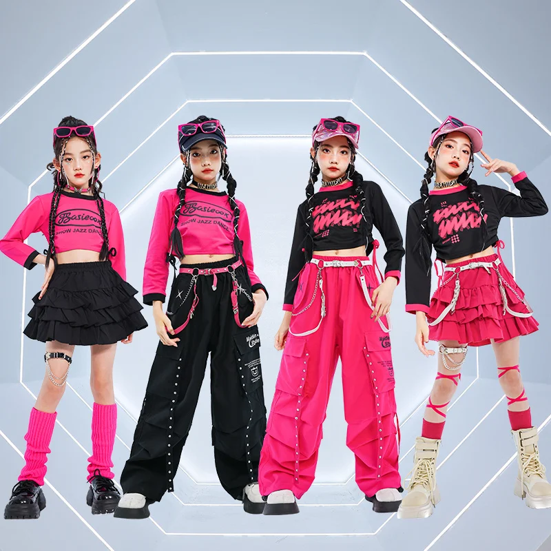 Teens Girl Street Wear Fashion Hiphop Dance Clothes Performance y2k Outfits Longsleeve T-shirt Skirt Pants Kids Hip Hop Costume