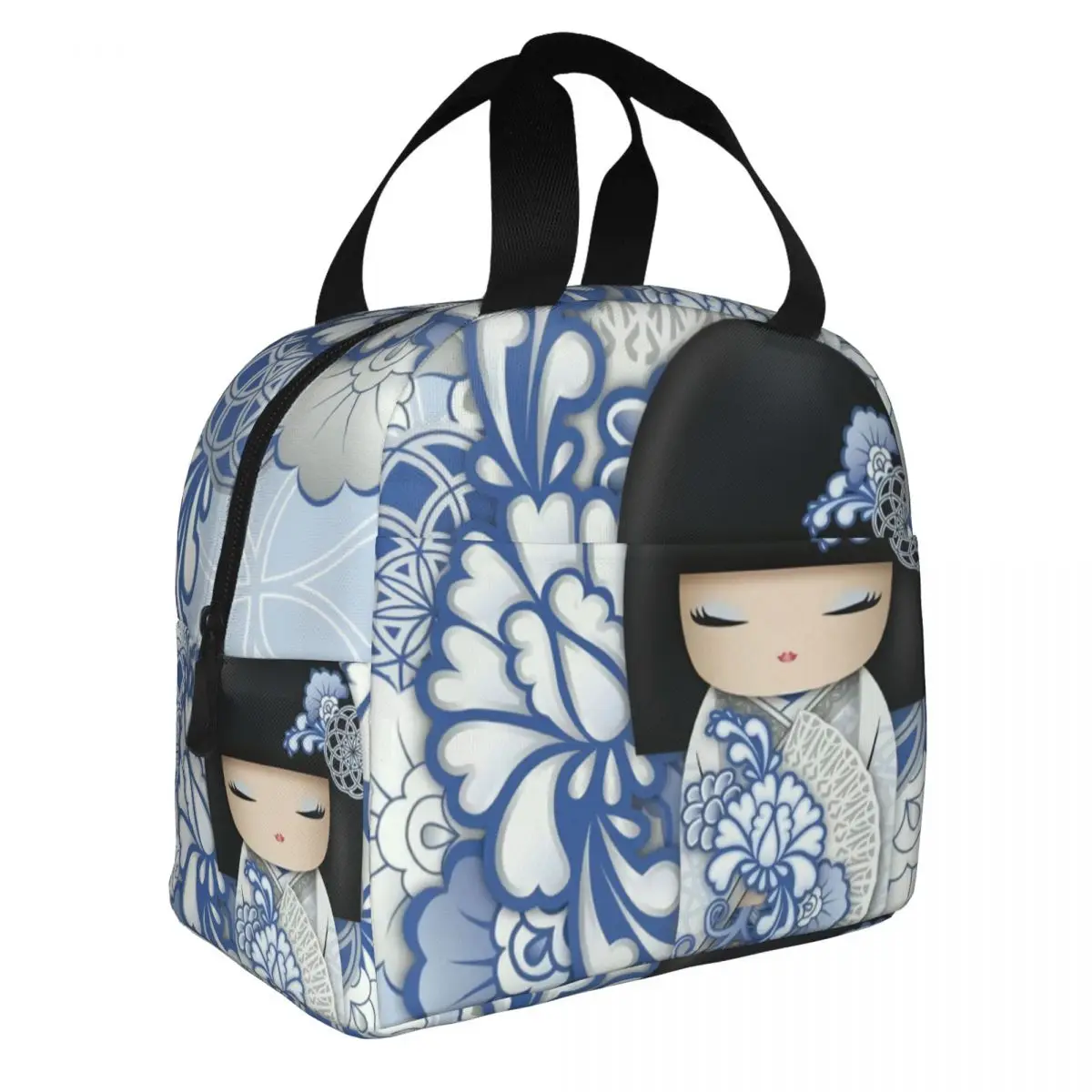 Benutzerdefinierte japanische Mädchen Sakura Kokeshi Puppe Lunchtasche Frauen Kühler warme isolierte Lunchboxen für Kinder Schulkinder