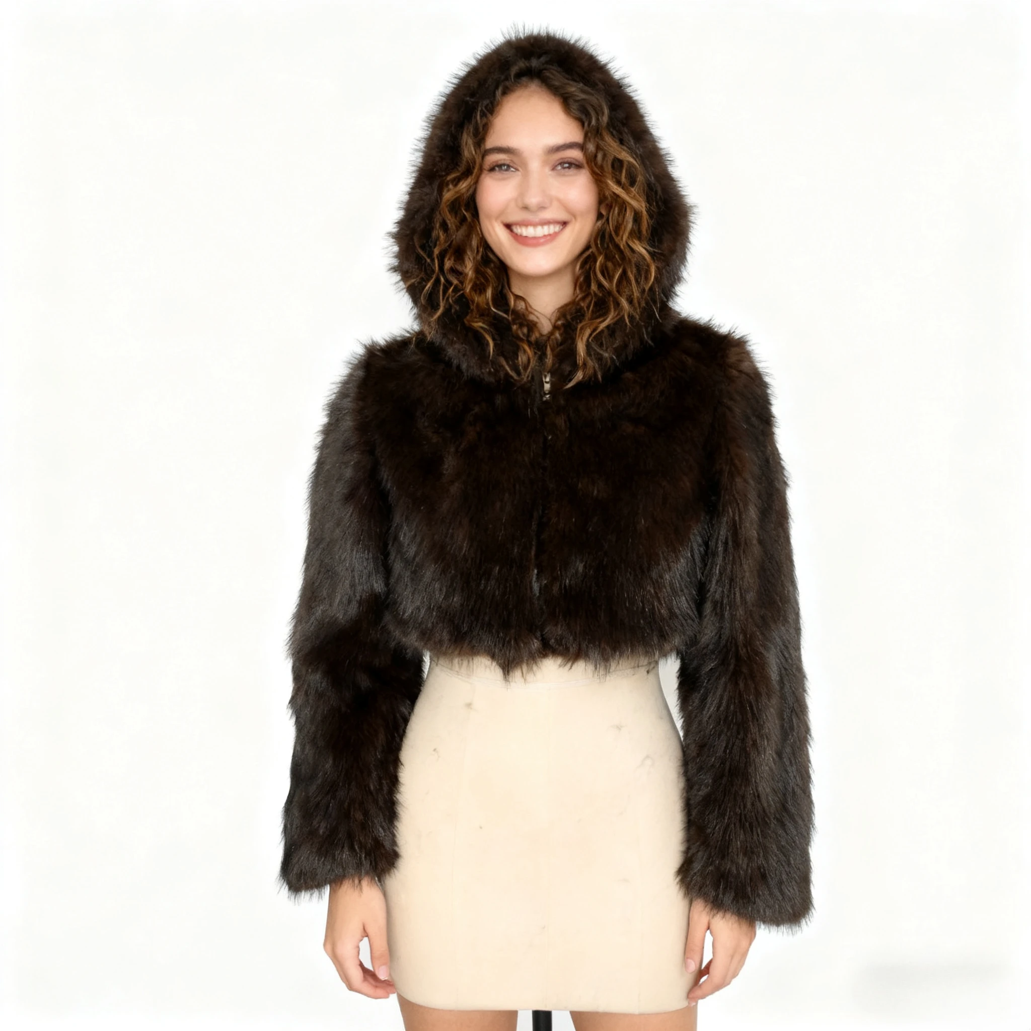 Women Hooded Short Faux Fur Jackets Casual Fur Coats Work Long Sleeves Loose Thick Warm Fur Open Stitch Street Y2k Autumn