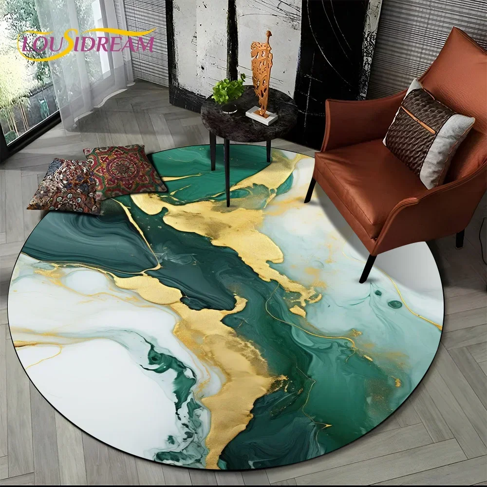 Round Carpet – Green Blue Gold Rug for Living Room, Bedroom & Child Chair, Non-Slip Pet Mat