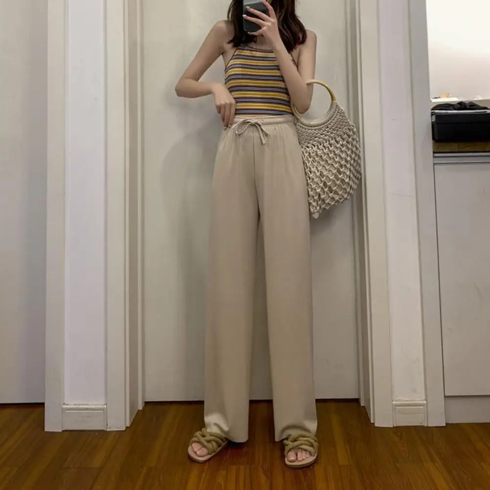 Women Adjustable Drawstring Pants Stylish Women's Ice Silk Wide Leg Pants with Adjustable Drawstring High Waist Solid for Daily