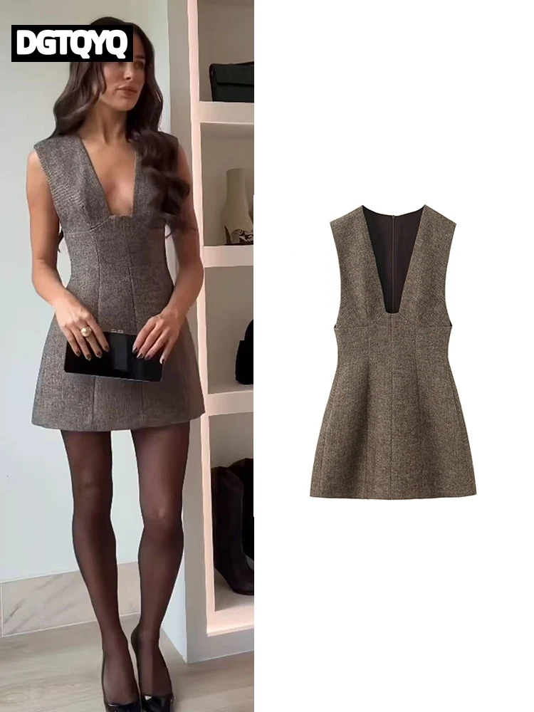 

Women's Sleeveless Dress Autumn Winter 2026 New Style Elegant Deep V-Neck Thick Mini Dress Sexy Fashionable Ladies Clothes