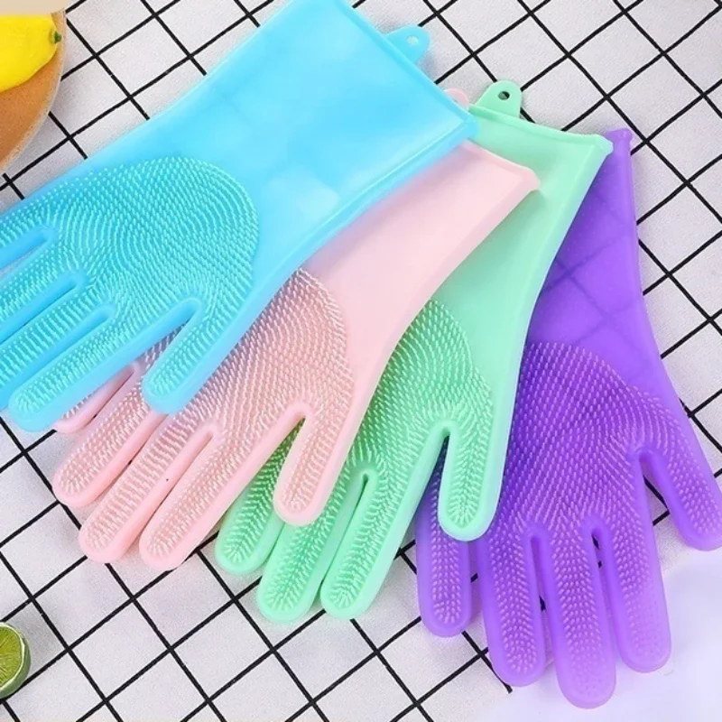 1 Pair Dishwashing Cleaning Gloves Magic Silicone Rubber Dish Washing Gloves for Household Sponge Scrubber Kitchen Cleaning Tool