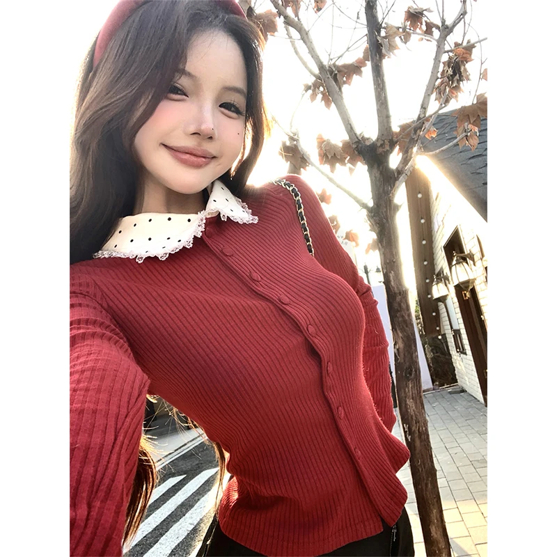 MEXZT Vintage Red Knitted Cardigan Women Christmas Cropped Polka Dots Sweater Outerwears Kawaii Knitwear Winter Korean Jumpers