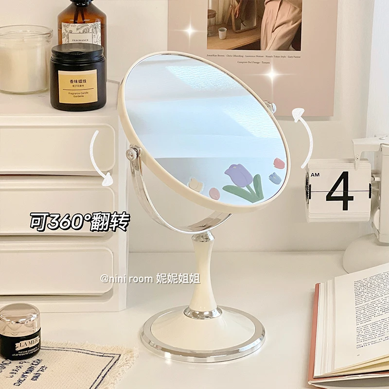 Double-Sided Makeup Mirror Retro Desktop round Desktop Large Dressing Table Mirror Simple Bedroom