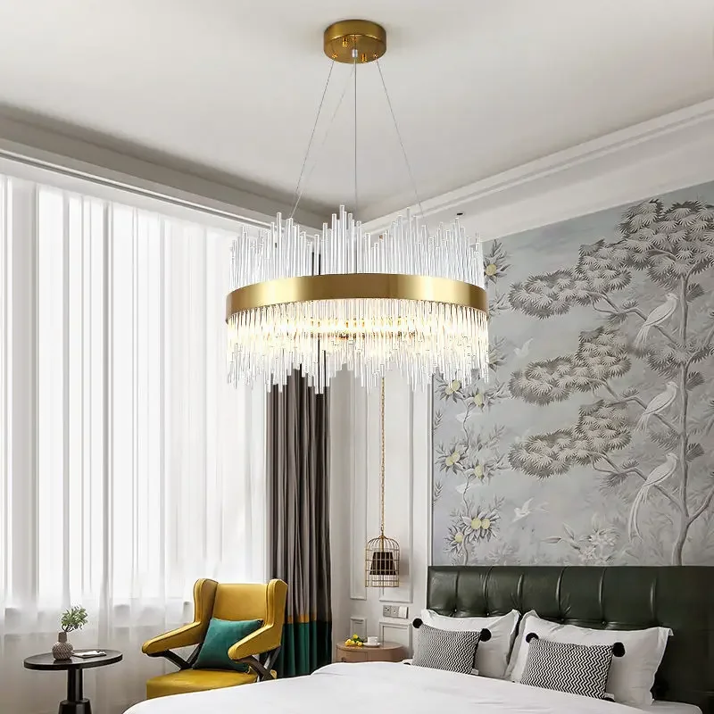 Gold LED Crystal Chandelier Dimmable Bedroom Living Room Ceiling Pendant Lamp Luxury Hotel Pendant Lights Apartment Lighting