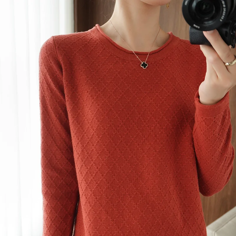 Autumn Winter Women\'s 100% Cotton Soft Sweater O-Neck Pullover Curled Diamond Lattice Casual Knitted Bottoming Warm Tops Sweater