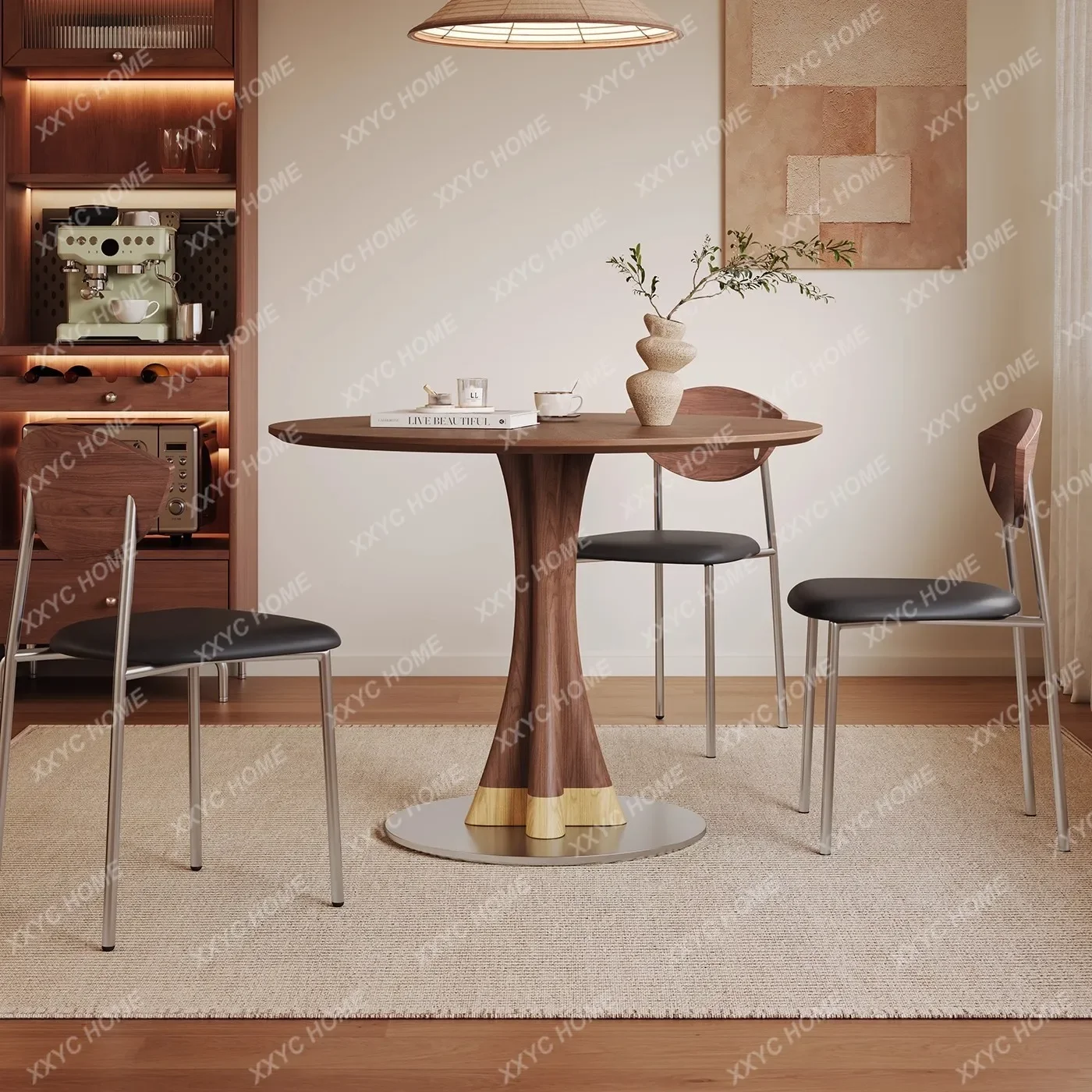 JMedieval solid wood dining table, a set of small household one-meter round dining table and chairs