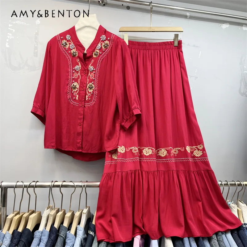 

Embroidered Rhinestone Ethnic Style Blouse 3/4 Sleeves Pullover Matching Elastic Waist Half Skirt Two Pieces Set Vintage Outfits