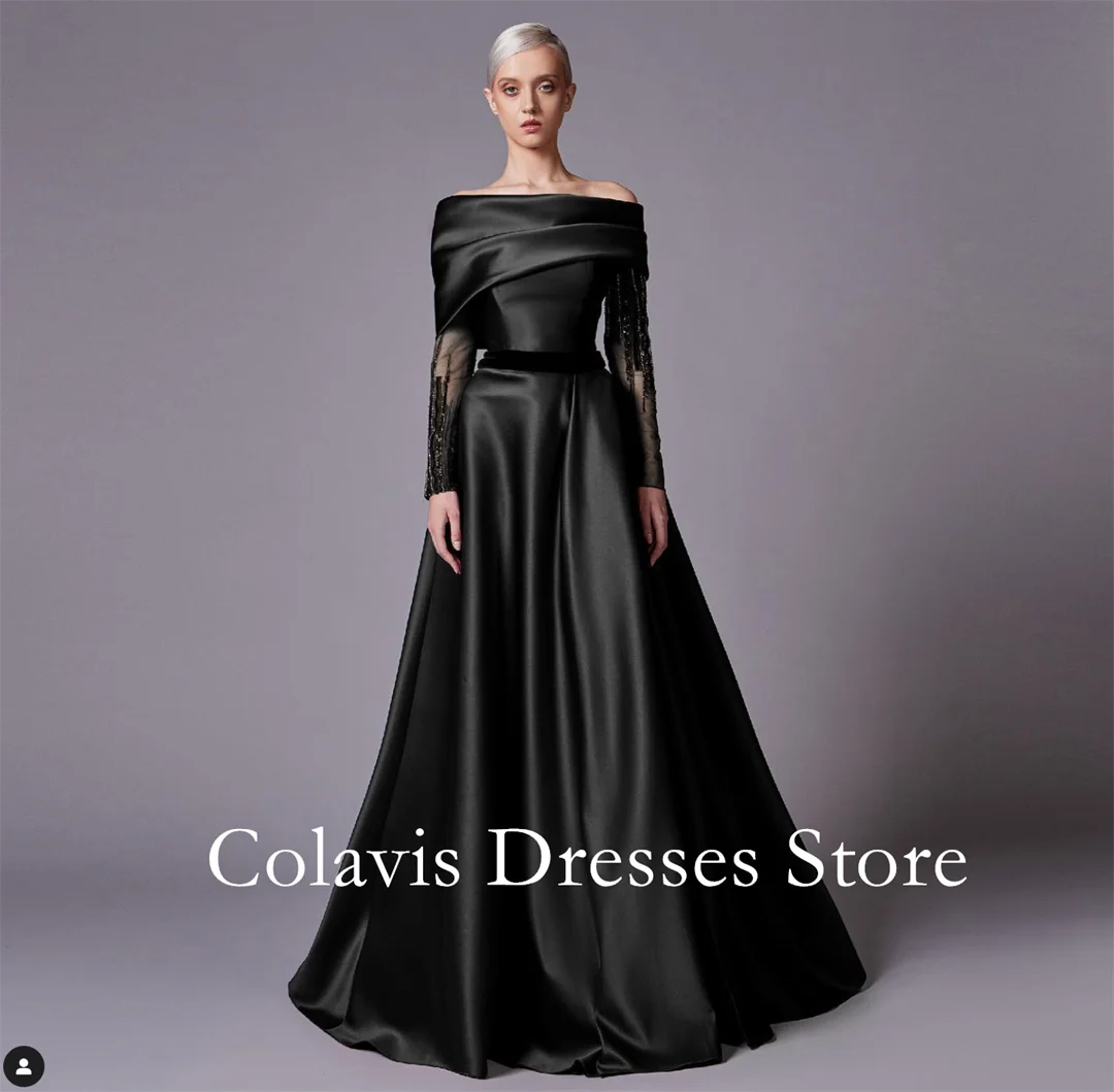 

Colavis Fashion Off-Shoulder Customized 2024 New Women's Maxi Satin Prom Dress Long Sleeves Black Celebrity Vintage Party Dress