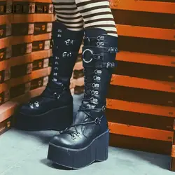 INS Brand New Womens Thigh High Combat Boots Women Lace Up Zip Thick Wedges BucklePunk Goth Cool Fashion Women Street Booties