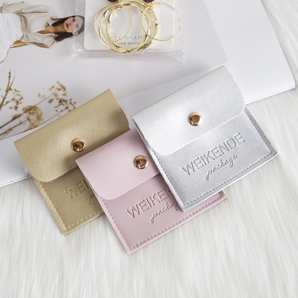 

100Pcs Custom Logo 6x6cm Pu Leather Snap Bag Travel Necklace Portable Gift Packaging Pouch Wedding Rings Earrings Studs Pocket