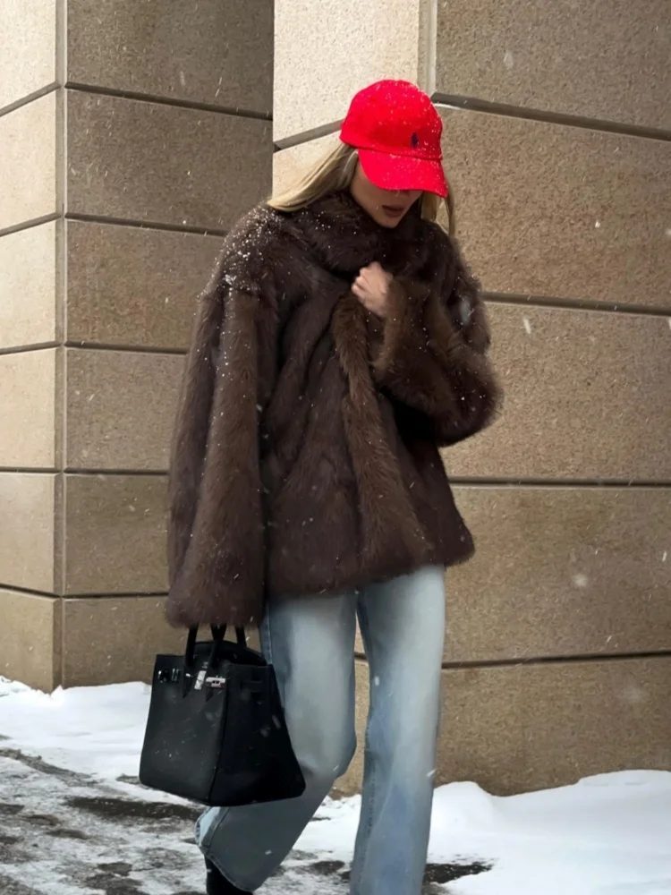 Retro Brown Lapel Artificial Fur Fluffy Coat Women Fashion Long Sleeve Single Breasted Luxury Jackets Female Warm Streetwear