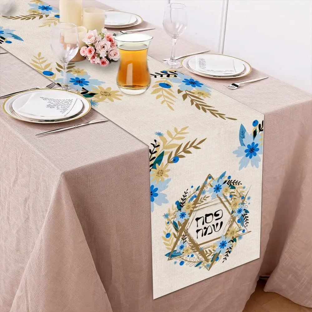 Happy Passover Blue Flower Hanukkah Linen Table Runner Home Decorations Jewish Anniversary Holiday Table Runner for Party Decor