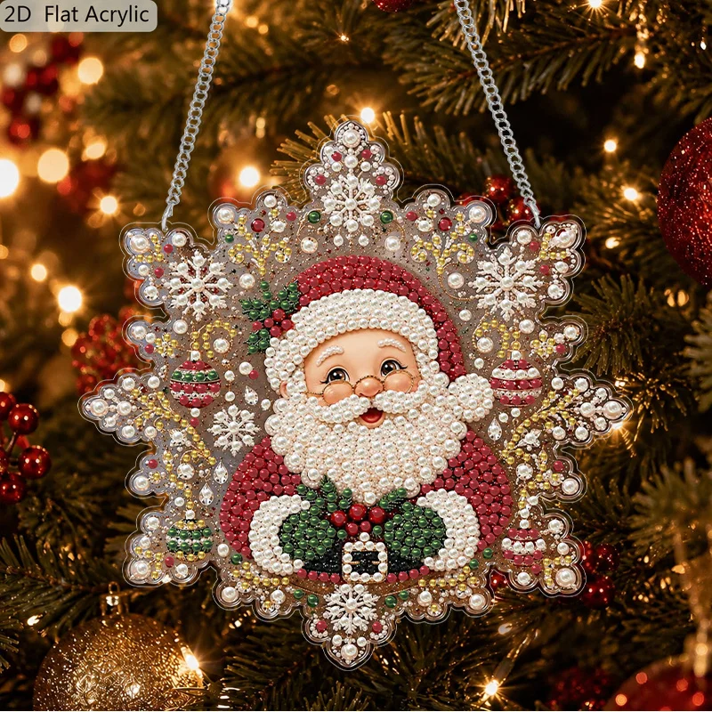 2D Flat, 1Pc 20/30cm Acrylic Hanging Ornament, Snowflake Frame Santa Claus Diamond Painting Pendant, Special Shape Pearl Beaded