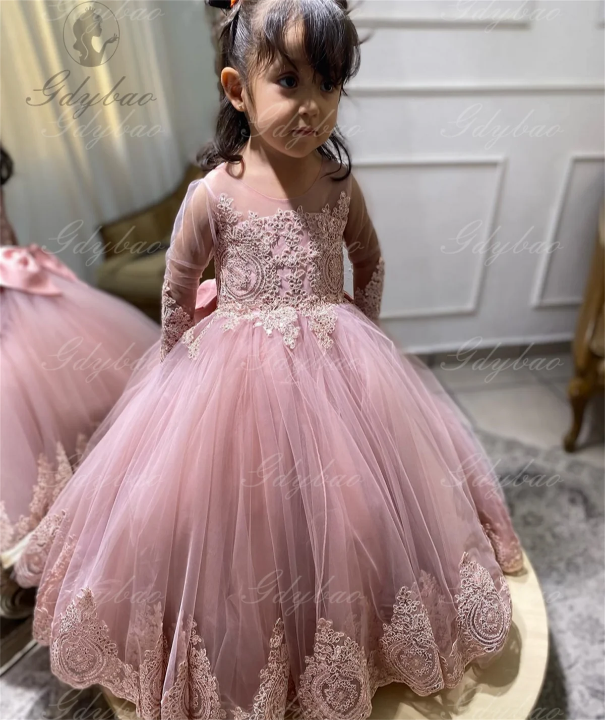 Custom Lace Flower Girl Dress Long Sleeves Floor Length Pageant Dresses First Communion Dresses Ball Gowns For Dark Pink