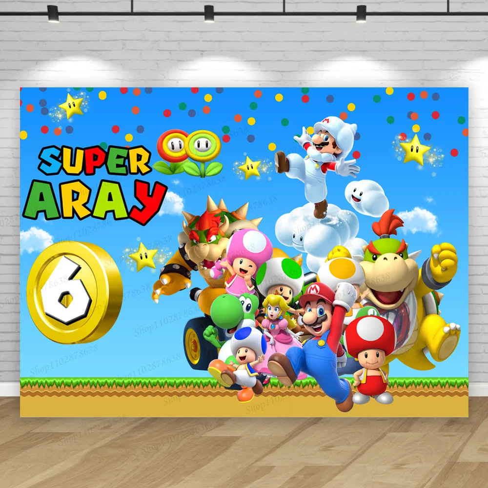 Custome Text Party Backdrop Super Mario Bros Theme  Kids Boy Birthday Background Baby Shower Photo Banner Props Decor Poster