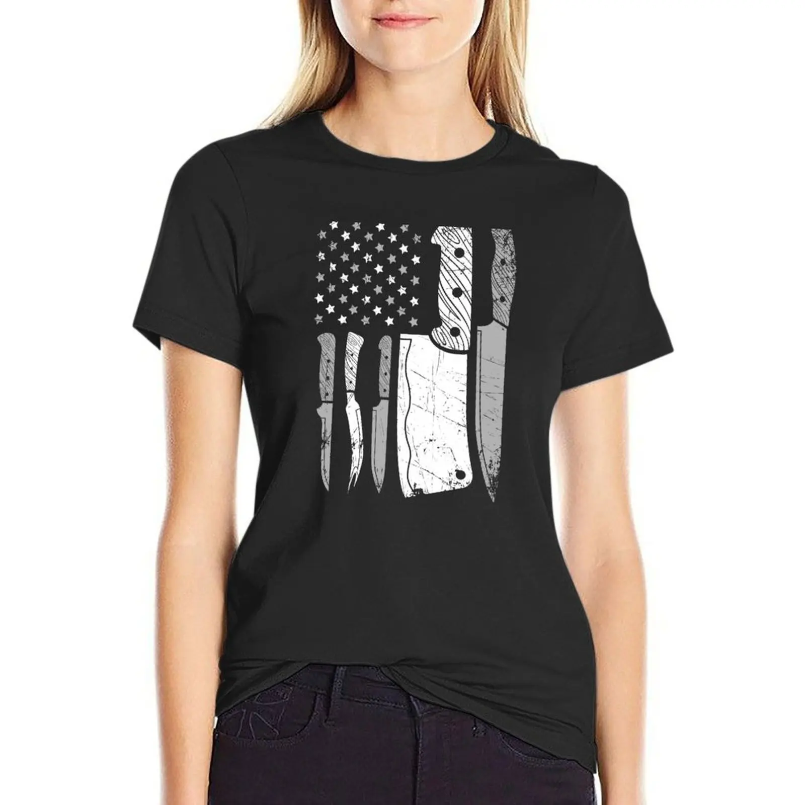 Chef Knife American Flag T-Shirt vintage clothes Blouse hippie clothes workout t shirts for Women