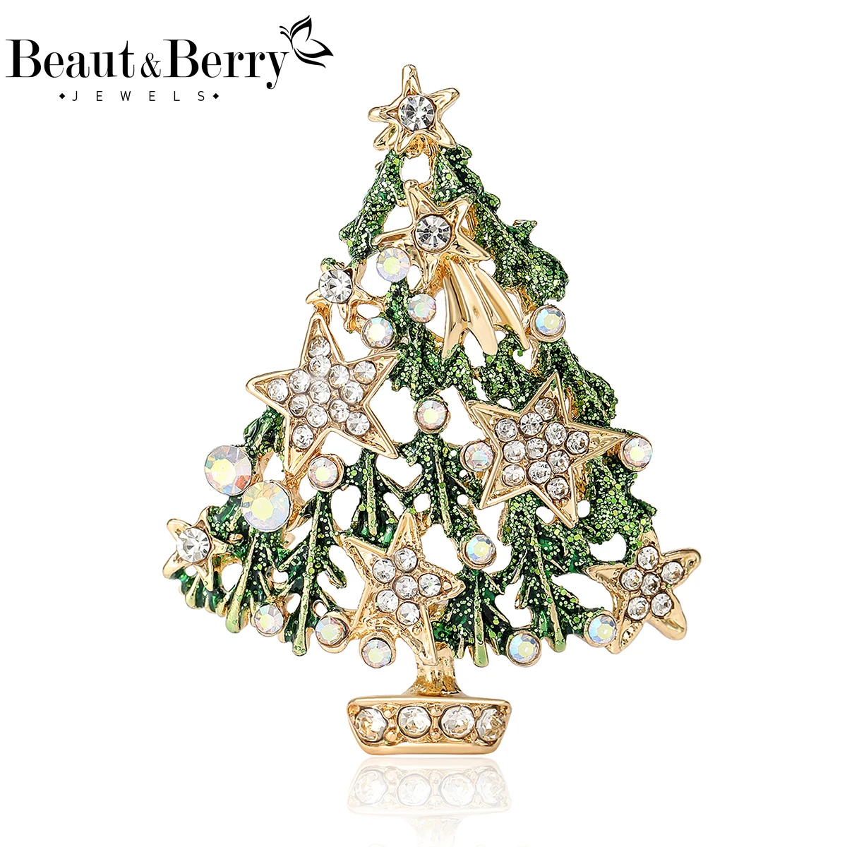 Beaut&Berry Luxury Rhinestone Christmas Tree Brooches for Women Unisex Plant Pins Casual Party Jewelry Accessories Gifts