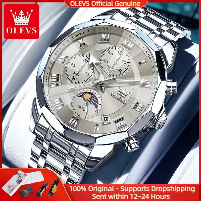 

OLEVS 3675 Мужские часы Многофункциональные высококачественные автоматические водонепроницаемые часы с датой и фазой Луны Брендовые оригинальные мужские кварцевые часы Reloj